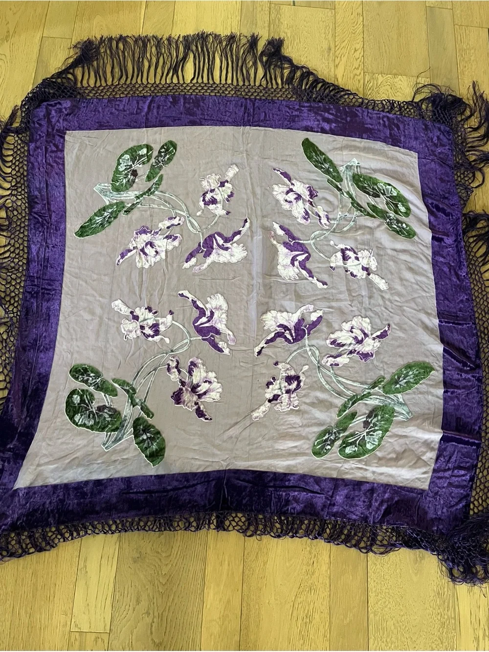 Bohemian whimsy purple and green floral fringe scarf